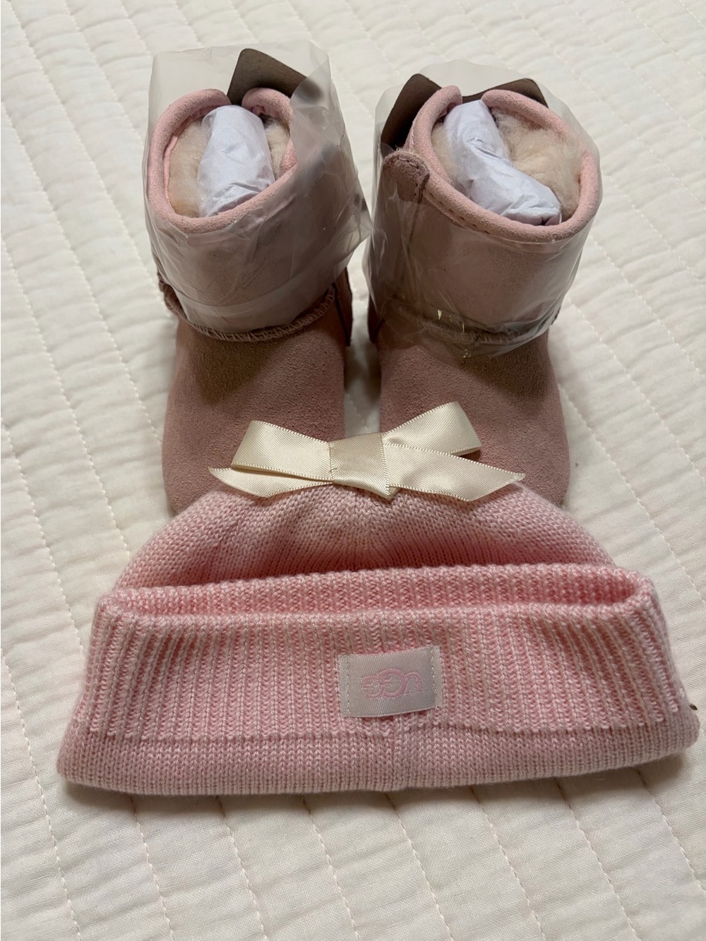 UGG Baby Girls Pink Knit Bow Beanie and UGG Suede Booties Set